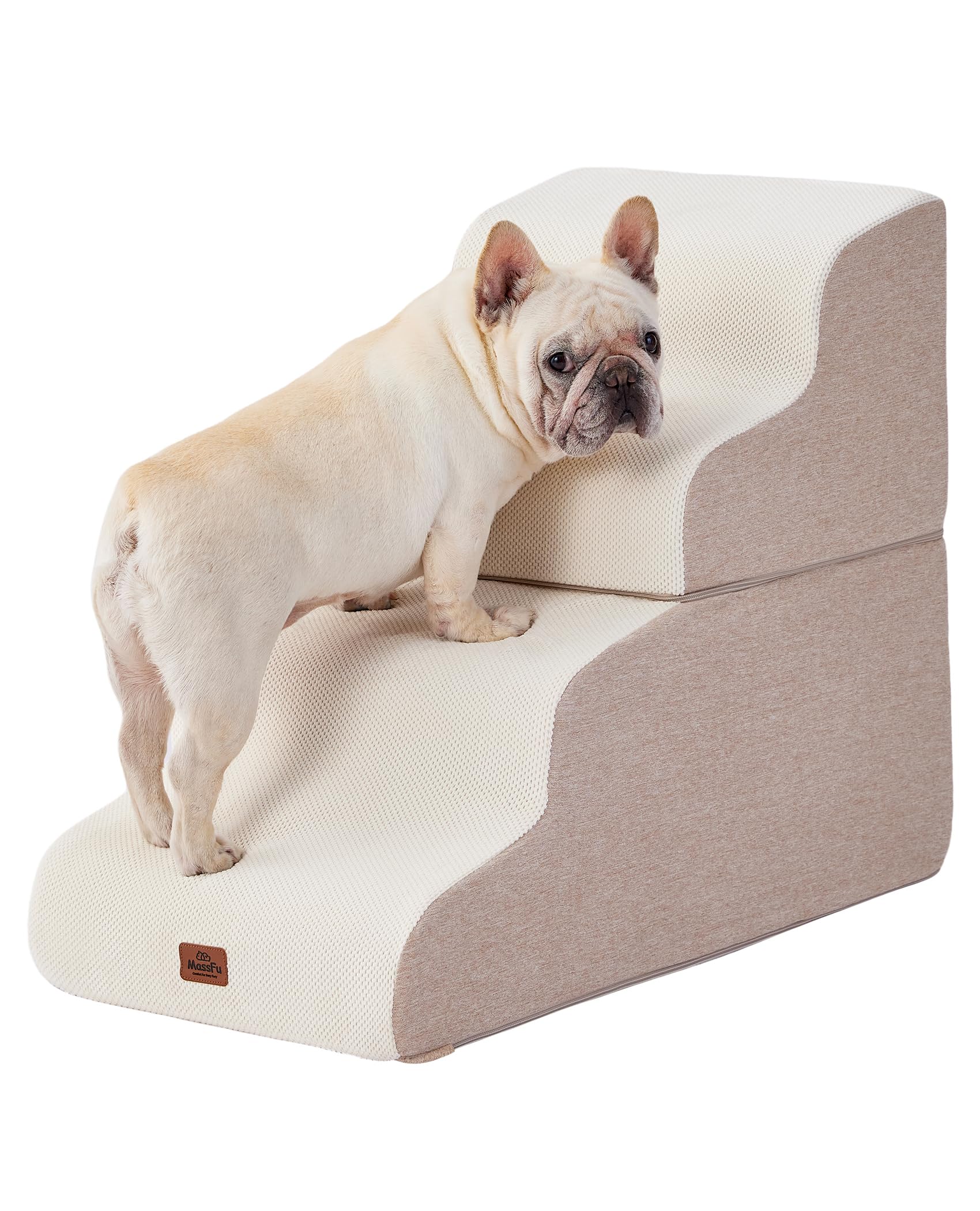 MASSFU Beige Curved Dog Stairs beside bed for easier pet access