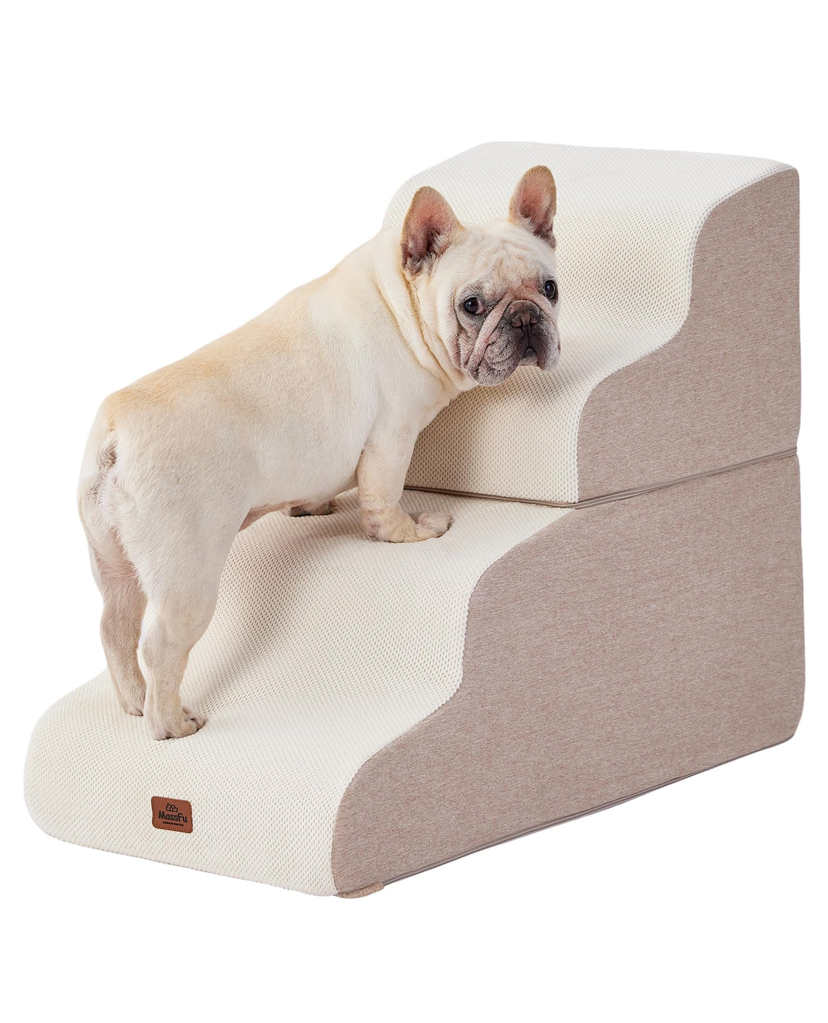MASSFU Beige Curved Dog Stairs beside bed for easier pet access