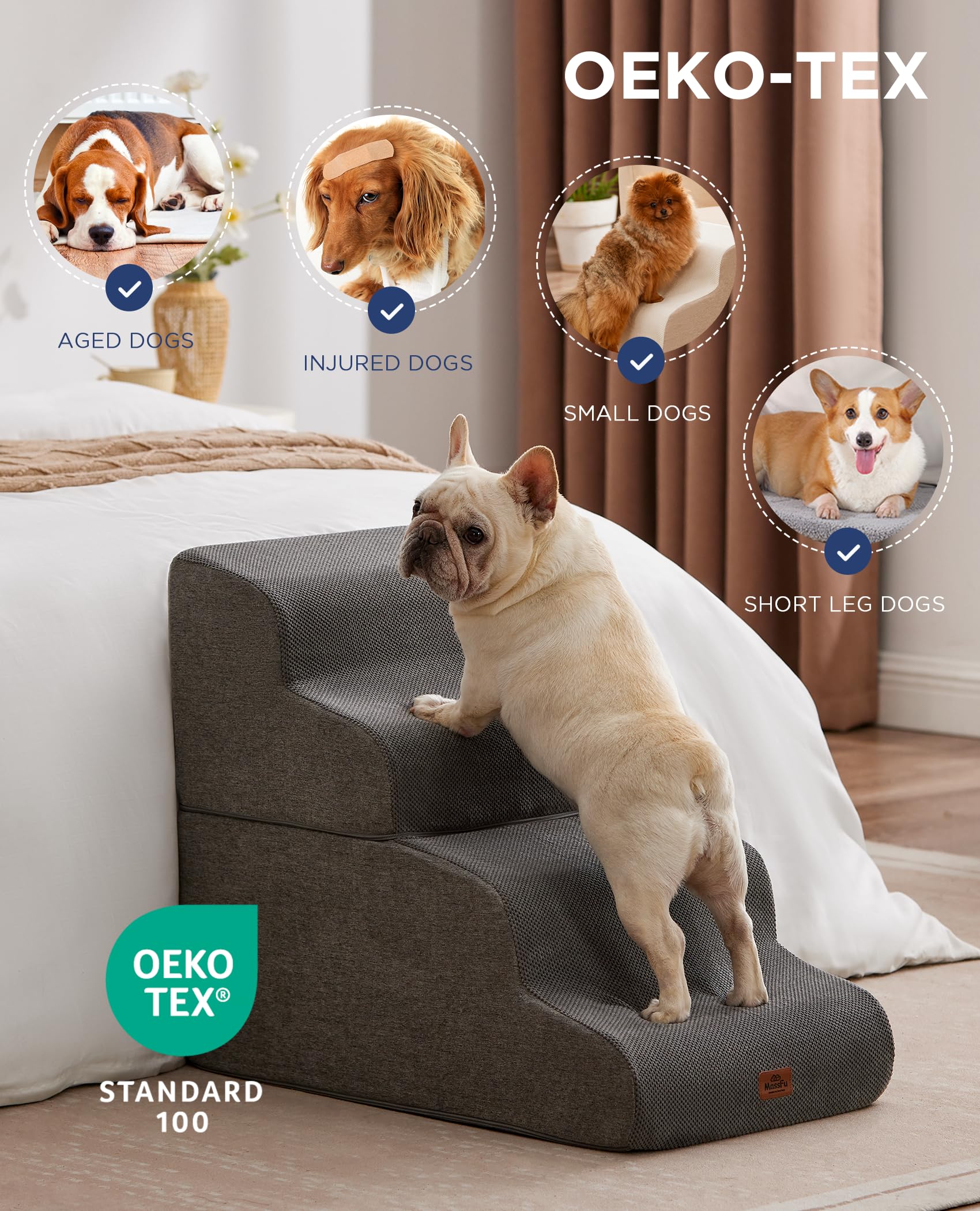 MASSFU Beige Curved Dog Stairs close-up foam texture enhances stability