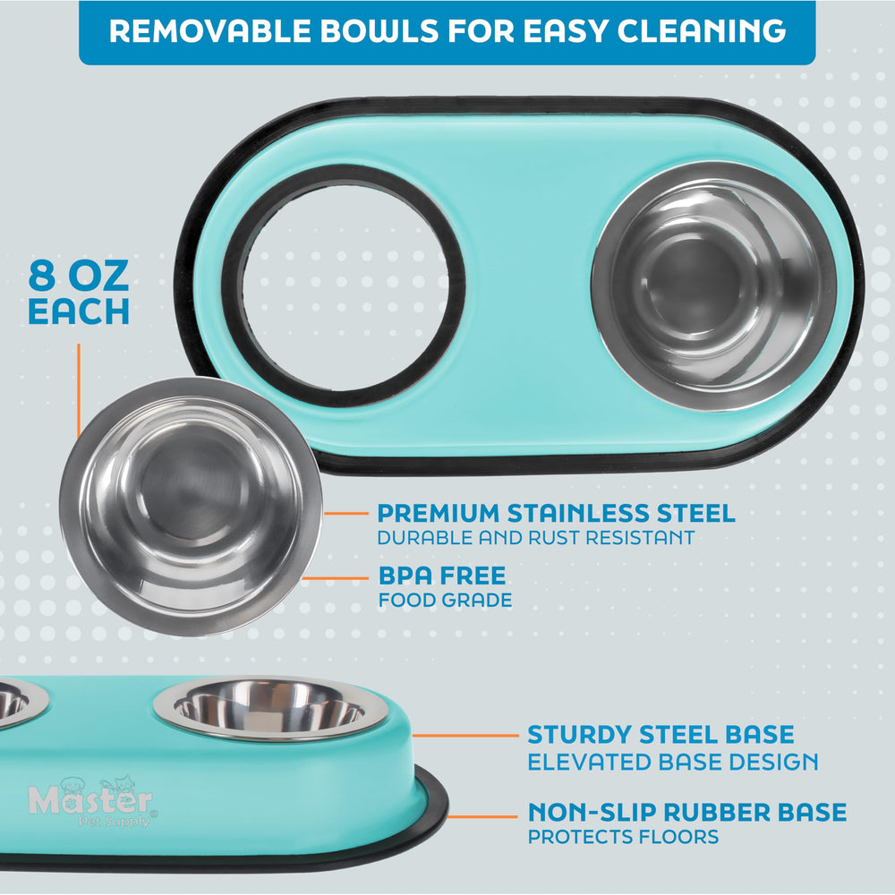 Aqua Sky color bowls add stylish, rust-resistant dining for pets.
