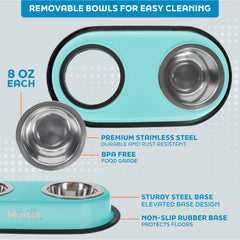 Aqua Sky color bowls add stylish, rust-resistant dining for pets.