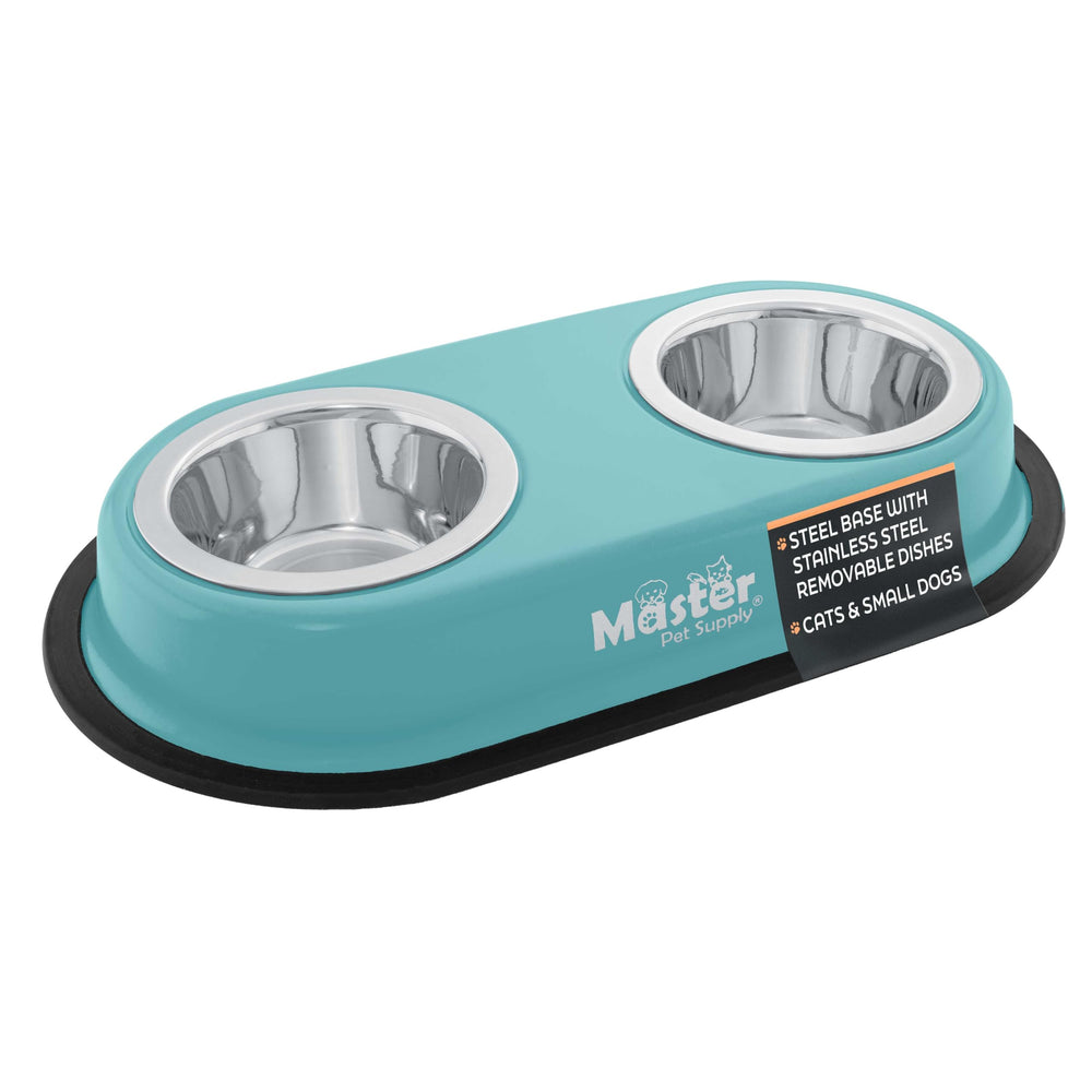 Master Pet Supply double dog bowls on an elevated stand for small dogs and cats.