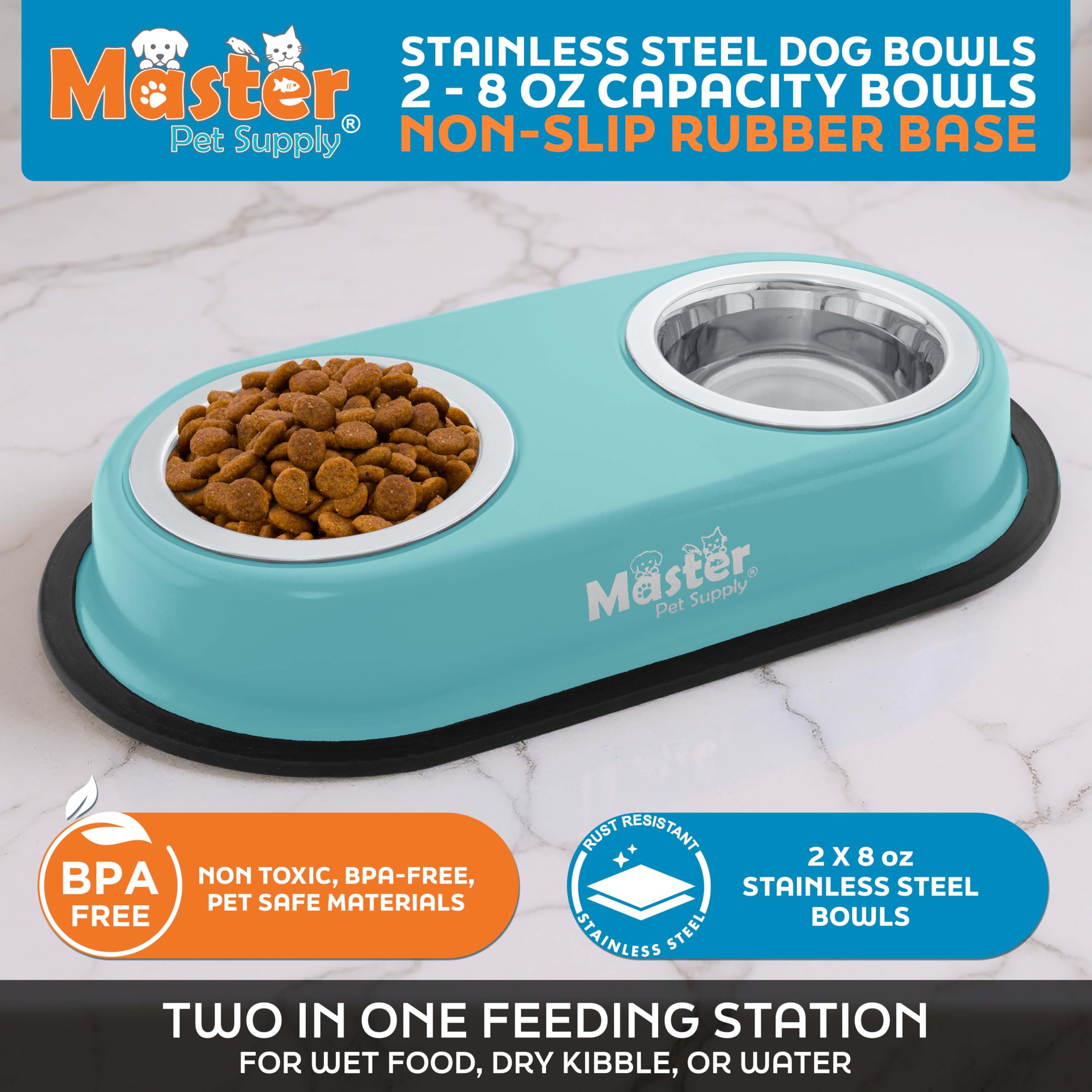 Removable stainless steel bowls from Master Pet Supply for quick cleaning.