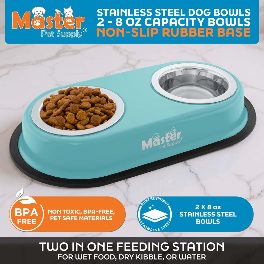 Removable stainless steel bowls from Master Pet Supply for quick cleaning.