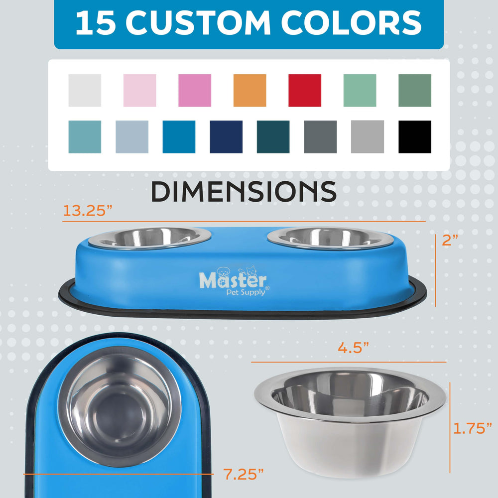 Rust-resistant stainless steel bowls from Master Pet Supply for durability.