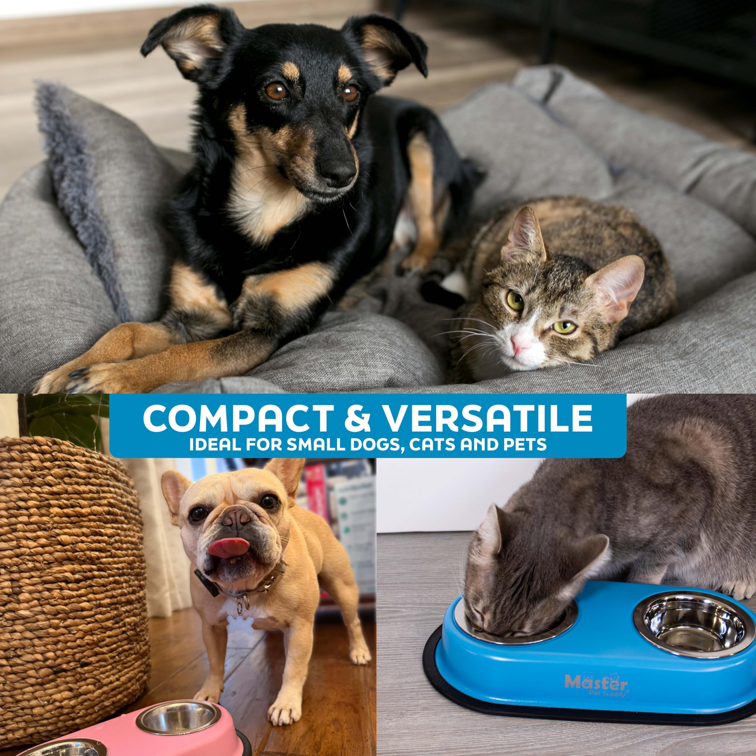 Two-in-one feeding station for small pets' food and water needs.