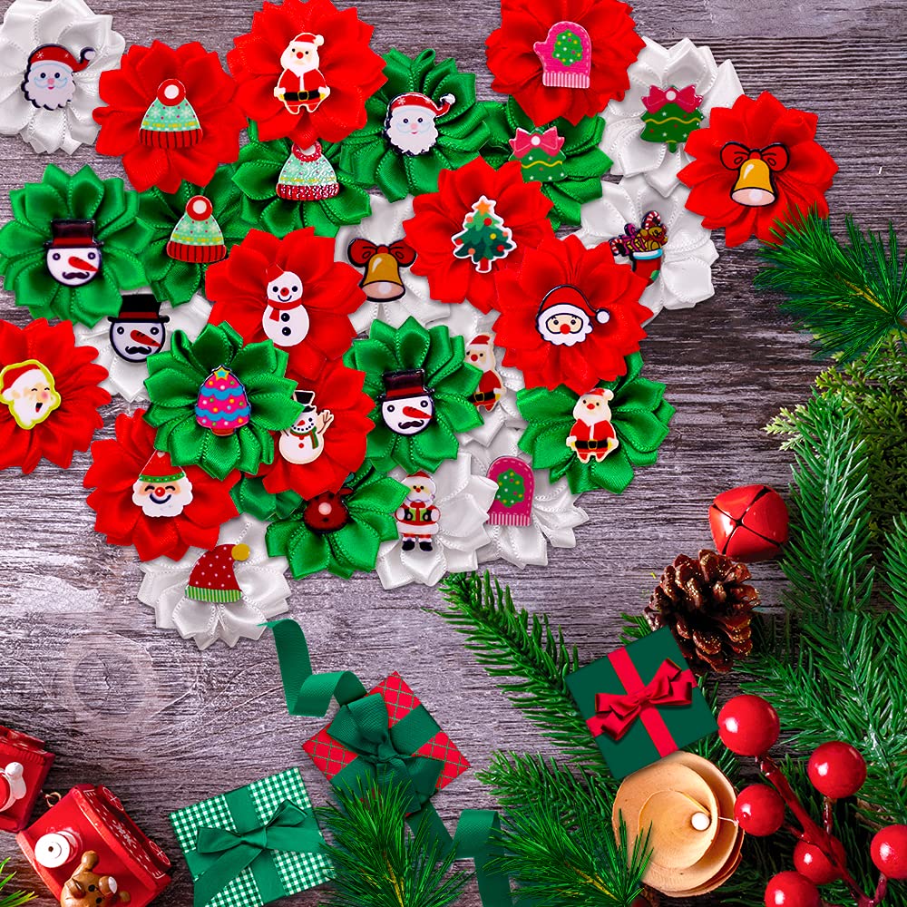 Masue Pets Christmas dog bows in green and red with snowflakes for festive photos.