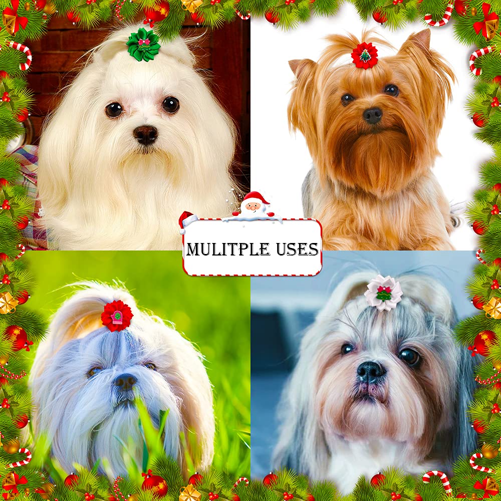 Masue Pets Christmas dog bows showing secure rubber bands for quick on-off styling.