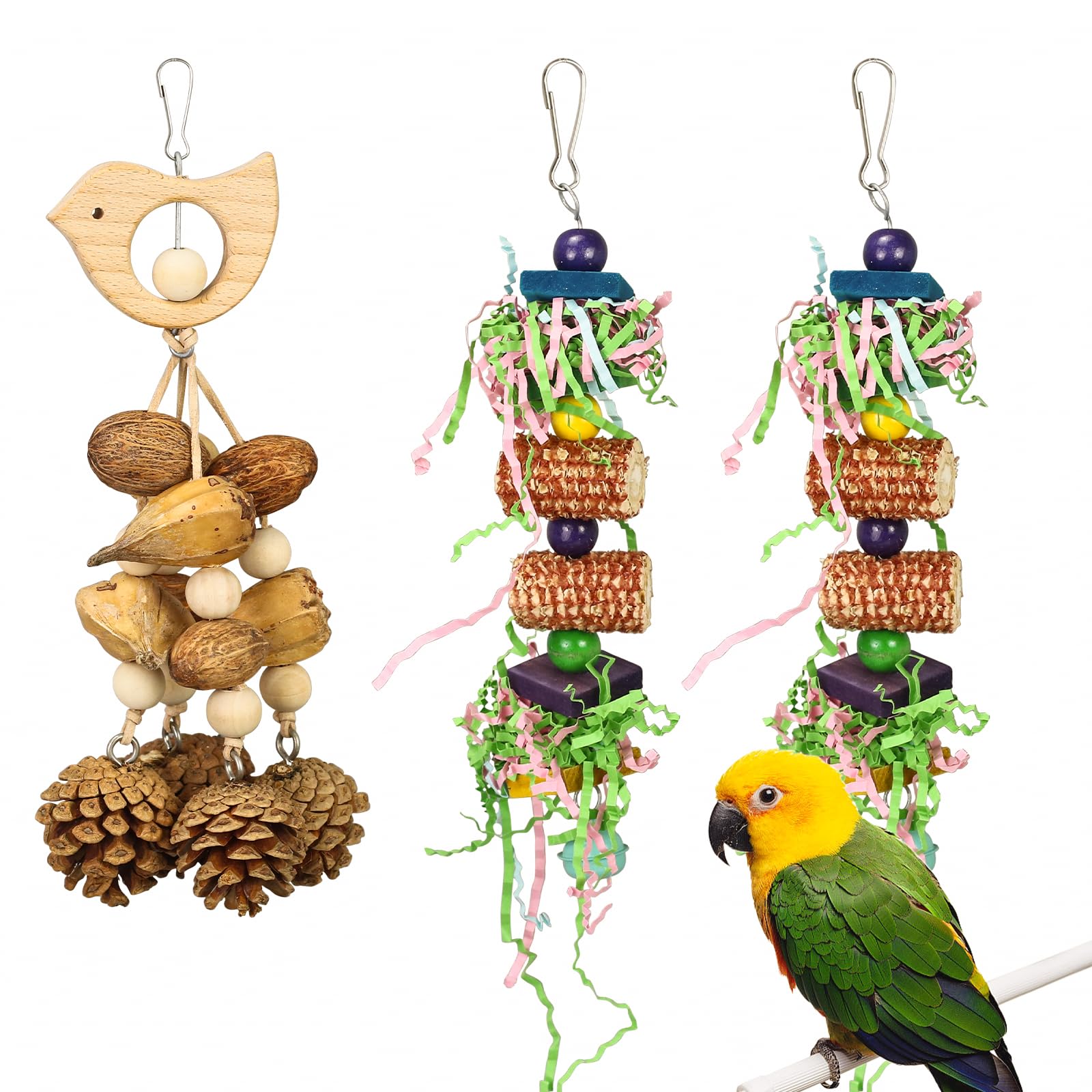 Matafat Bird Toys 3-Pack front view showcases safe foraging enrichment in a playful cage.