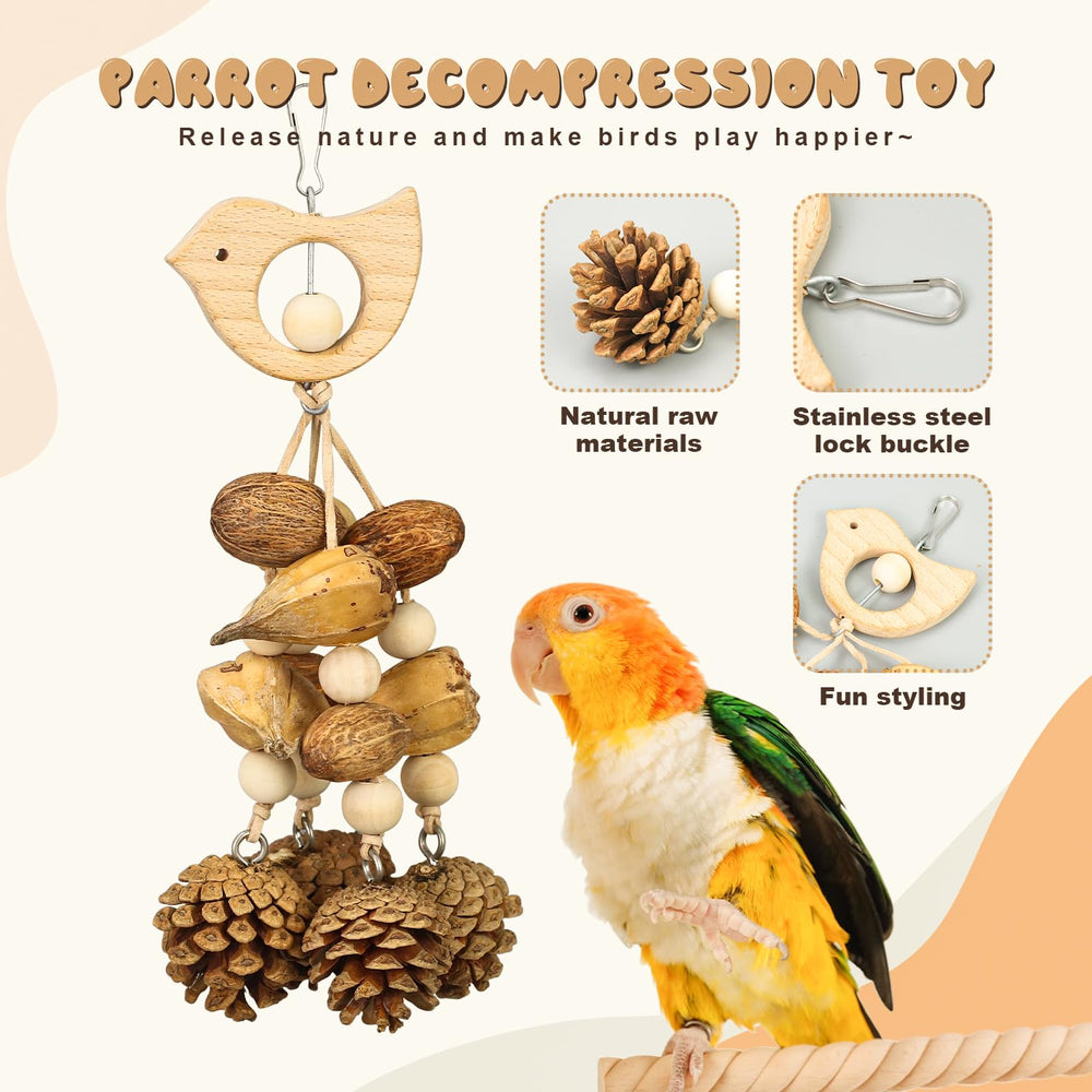 Matafat shredding action parrot toy image shows natural shredding and beak exercise.