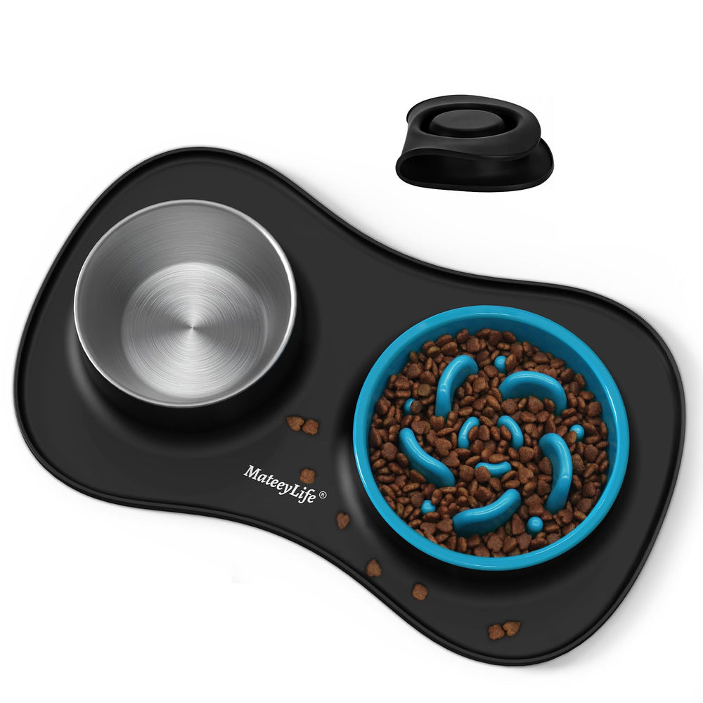 MateeyLife 3in1 dog bowl set with slow-feeder, stainless steel bowl, and silicone mat for clean meals.