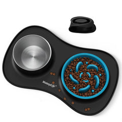 MateeyLife 3in1 dog bowl set with slow-feeder, stainless steel bowl, and silicone mat for clean meals.