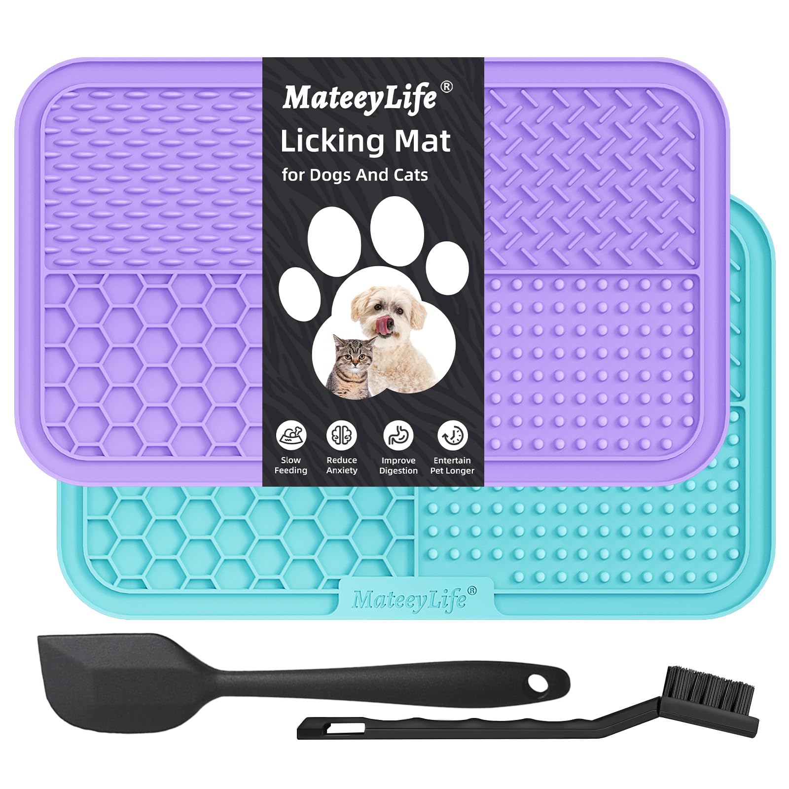 MateeyLife lick mat with suction cups secures to tile for calm, slow feeding.