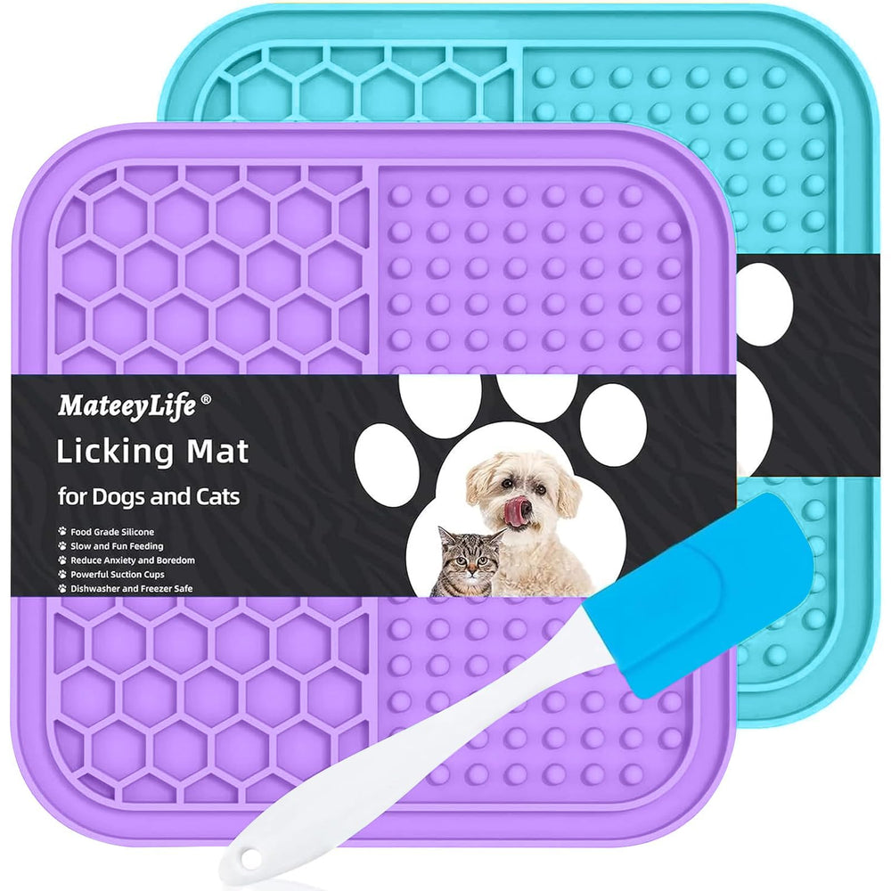 MateeyLife two-pack lick mats in purple and light blue for calming pets during grooming.