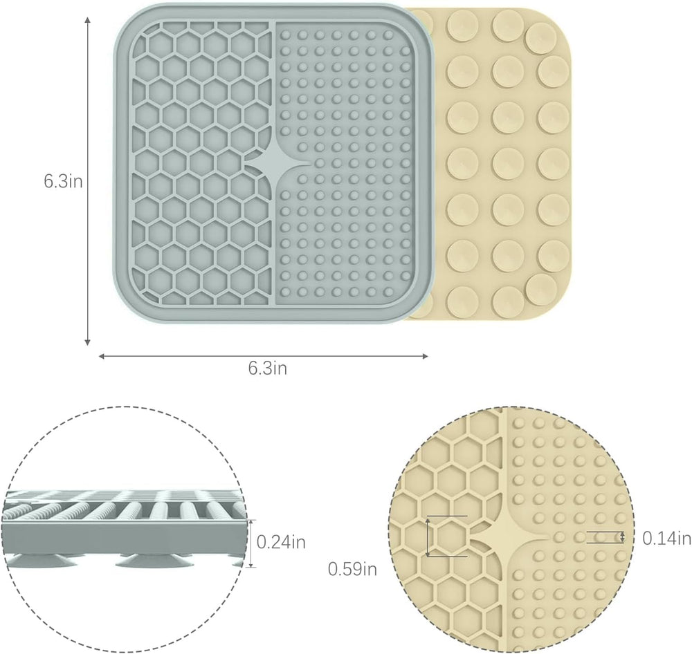 MateeyLife lick mat with 49 suction cups gripping a tile surface.
