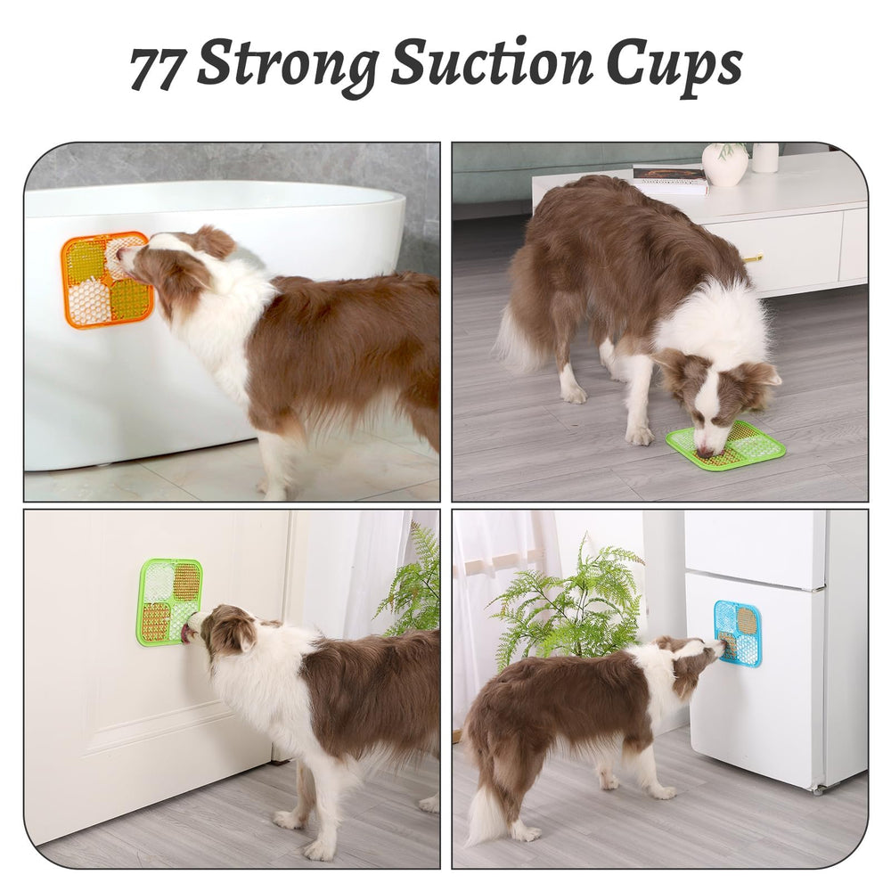 MateeyLife lick mat with 77 suction cups supports secure adherence on smooth surfaces.