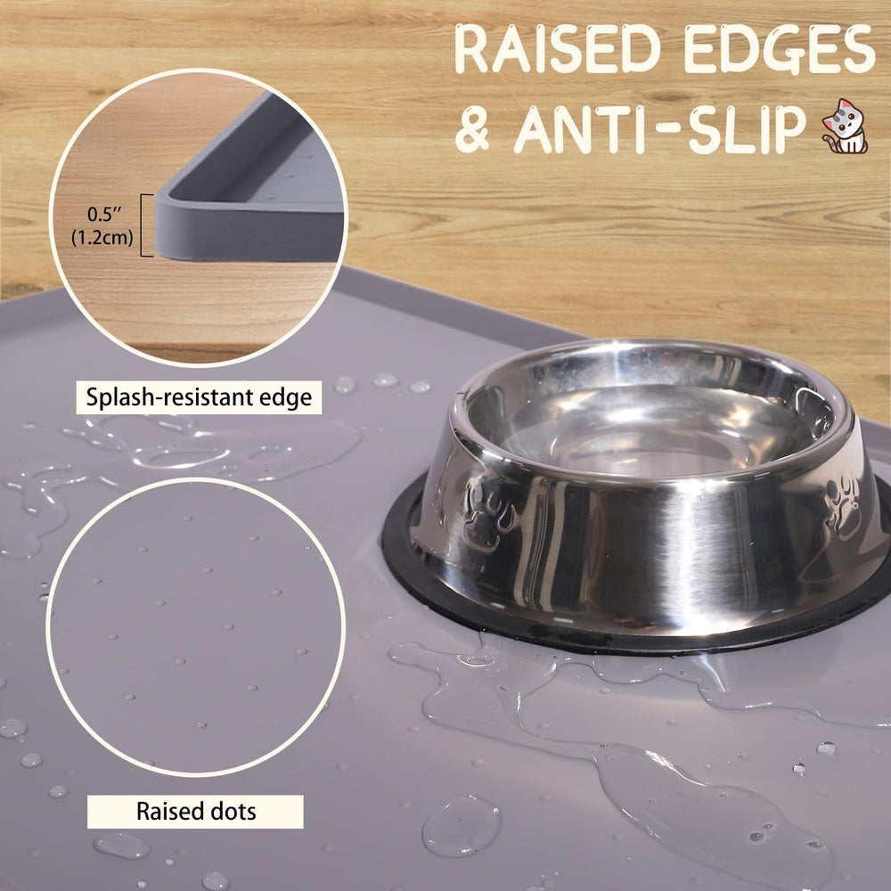 MateeyLife raised-edge pet mat showing lip containment of spills.