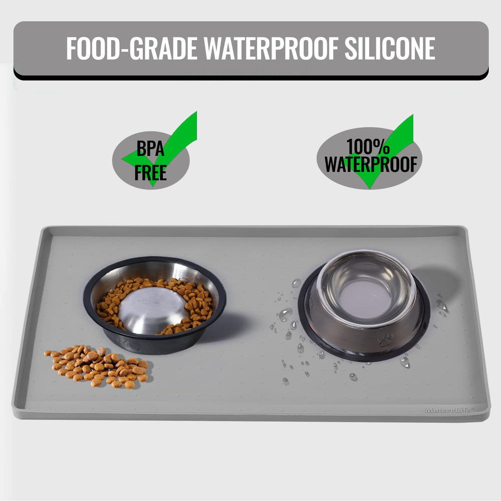 MateeyLife raised-edge silicone mat contains drips around bowls for mess-free meals