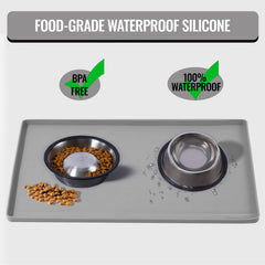 MateeyLife raised-edge silicone mat contains drips around bowls for mess-free meals