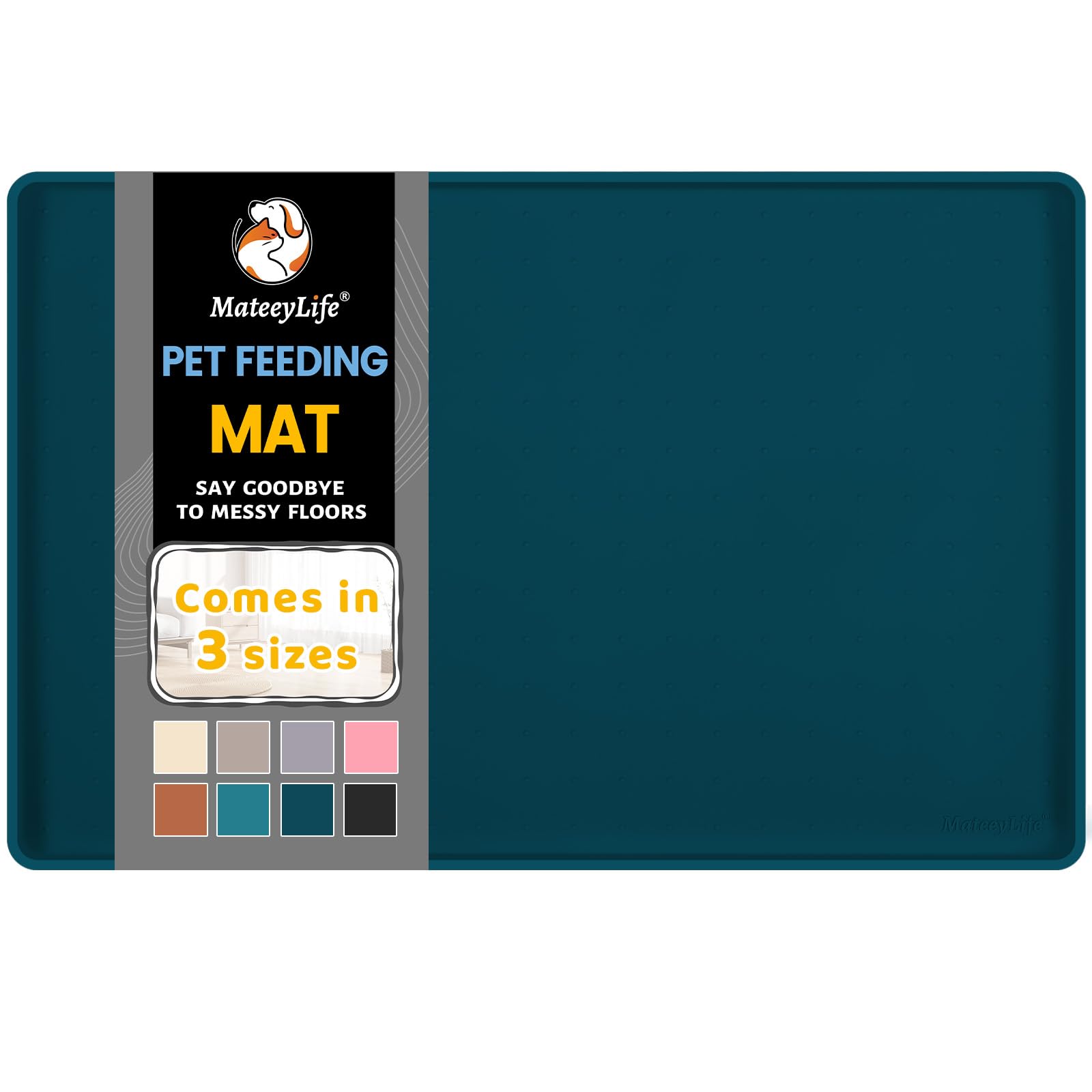 MateeyLife silicone cat and dog food mat for floors showing spill containment during mealtime.