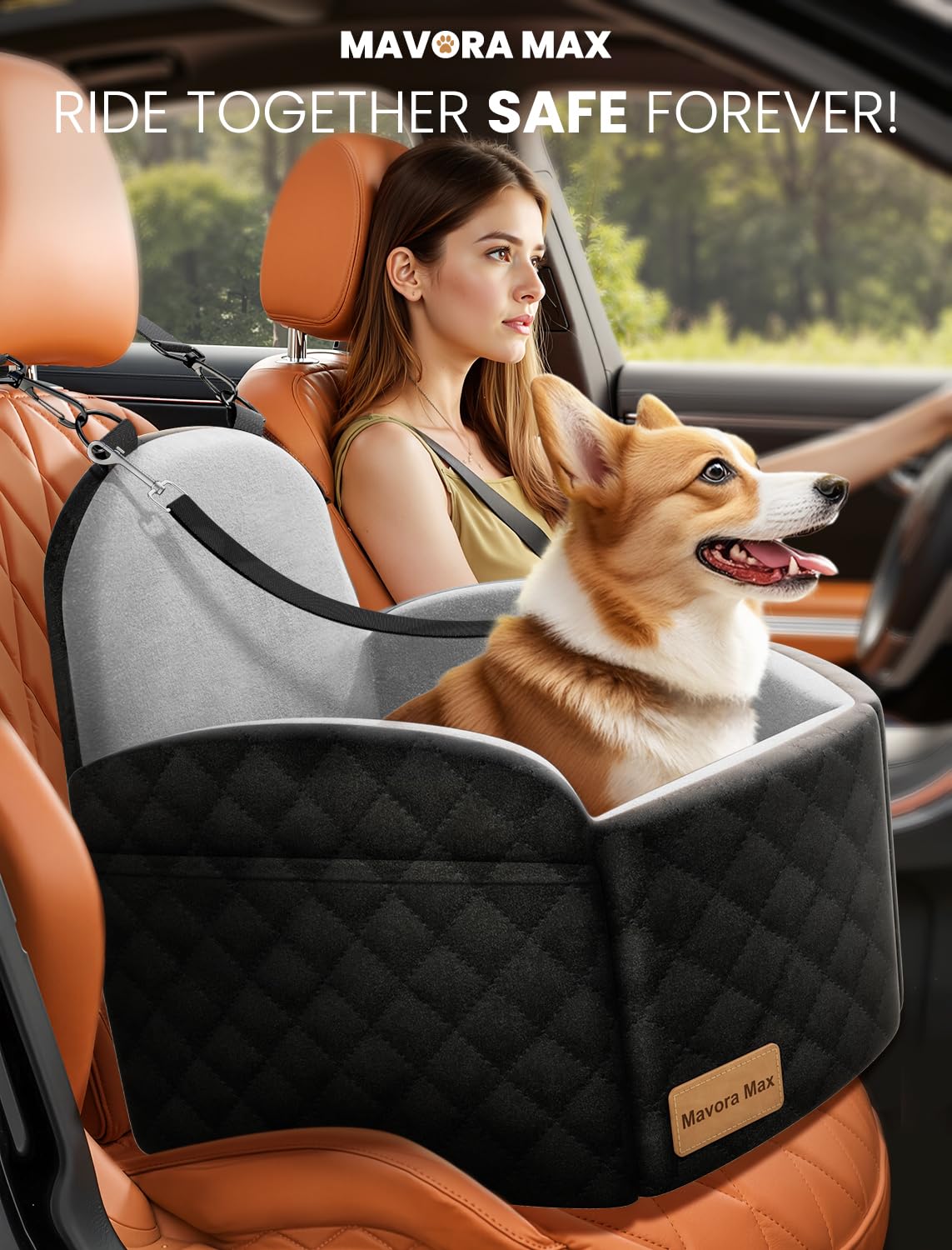 Mavora Max dog car seat with easy-install straps secures to car seatbelt.