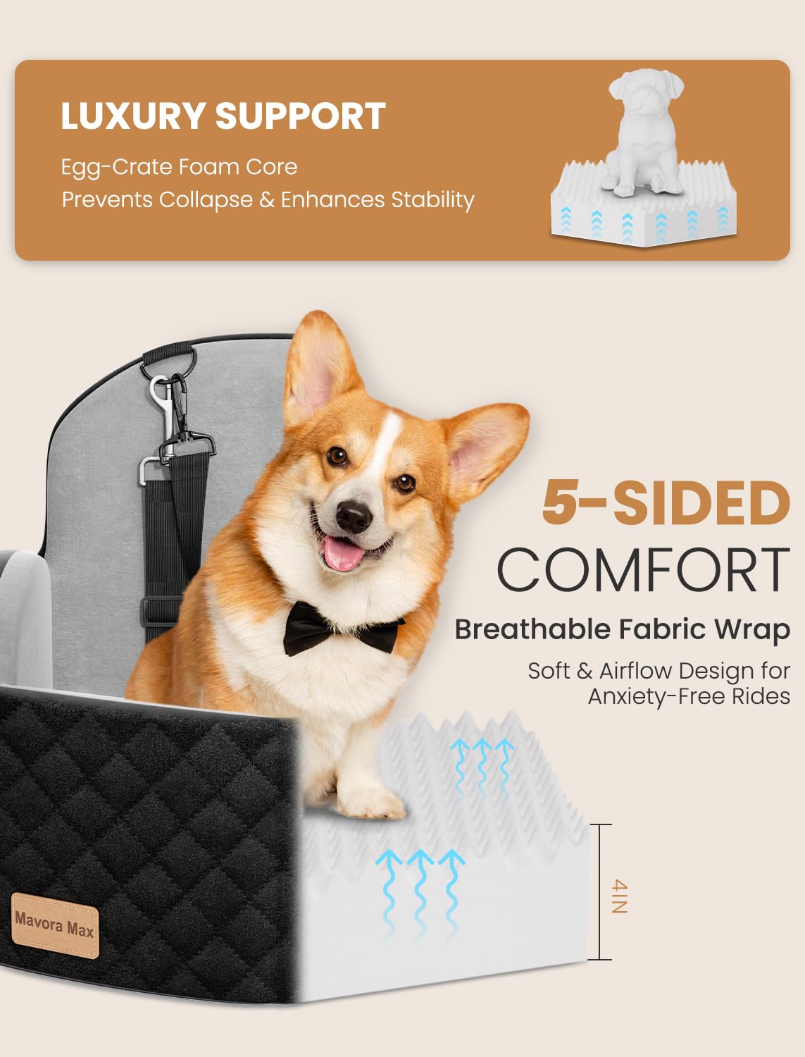 Mavora Max dog car seat with shock-absorbing core smooths road vibrations.