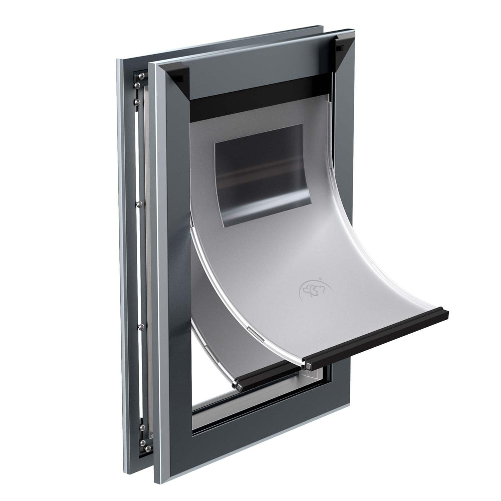 MAVRICFLEX heavy-duty dog door front view highlights rugged aluminum for large dogs