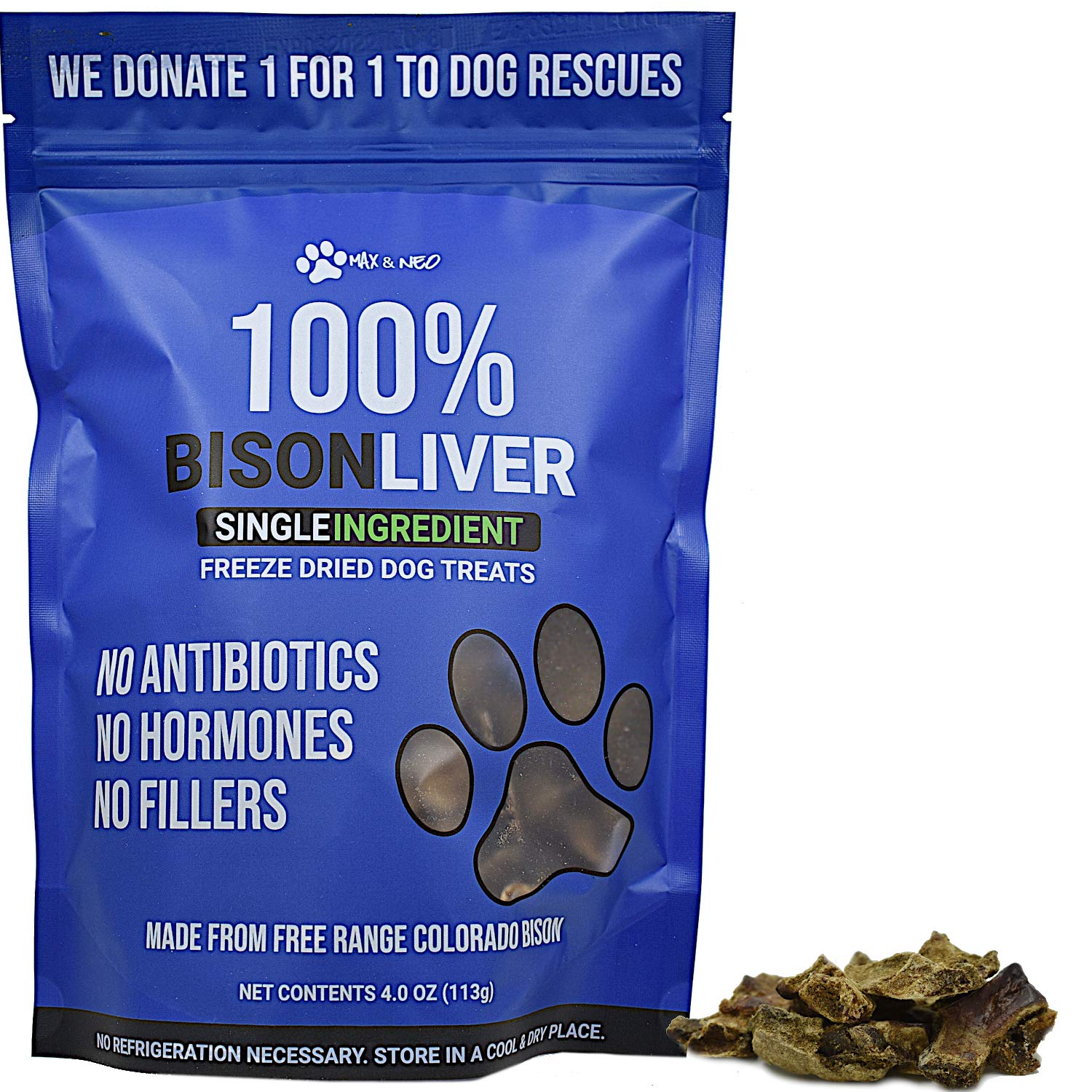 Max and Neo freeze-dried bison liver dog treats bag open, ideal for training rewards.