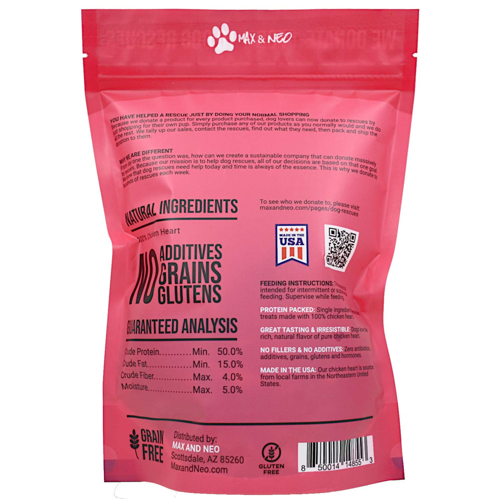 Max and Neo close-up of freeze-dried chicken heart, showcasing a single-ingredient protein-rich dog treat