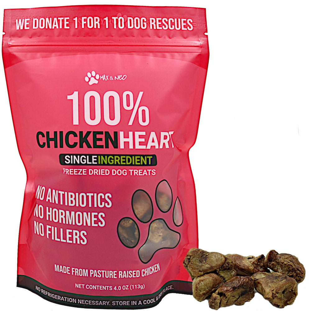 Max and Neo packaging for freeze dried chicken heart treats, easy to store and share