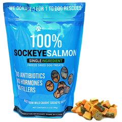 Max and Neo freeze-dried sockeye salmon treats in bag ideal for training rewards.