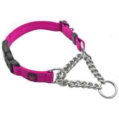 Max and Neo pink stainless steel chain martingale collar full view for secure daily walks