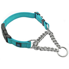 Collar martingala Max and Neo en acero inoxidable con acabado azul petróleo, ideal para perros activos.