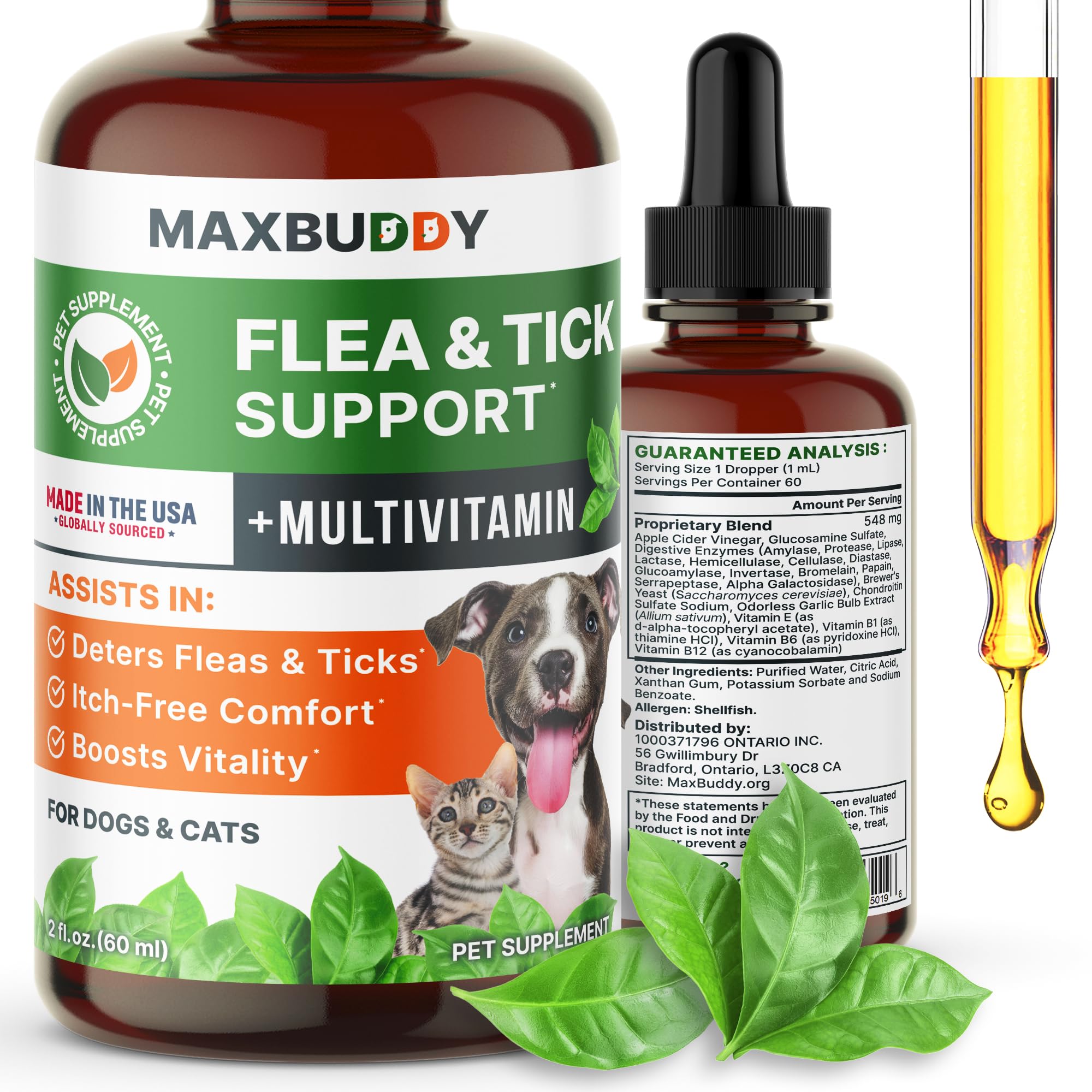 MaxBuddy flea-tick-drops bottle closeup for natural flea and tick prevention.