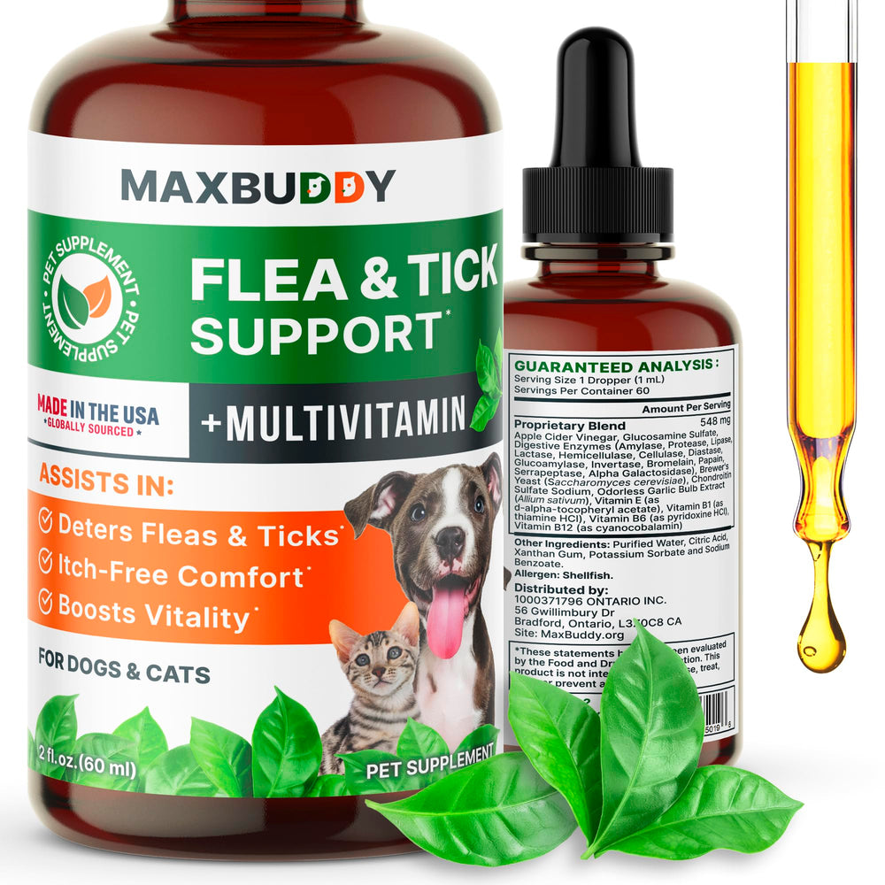 MaxBuddy flea-tick-drops bottle closeup for natural flea and tick prevention.