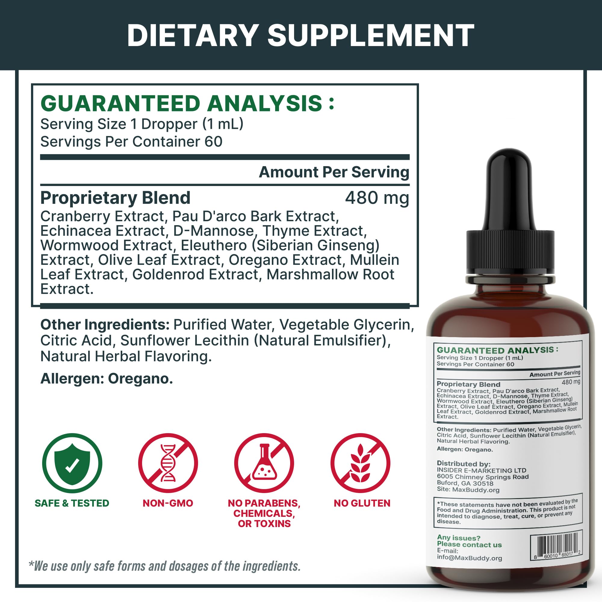 MaxBuddy Natural Intestinal Defense bottle pour depicts quick administration during daily routine.