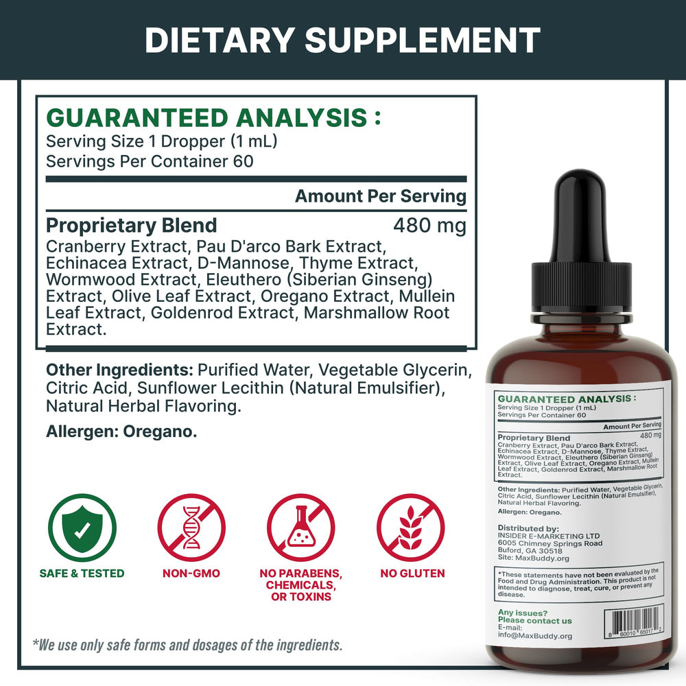 MaxBuddy Natural Intestinal Defense bottle pour depicts quick administration during daily routine.