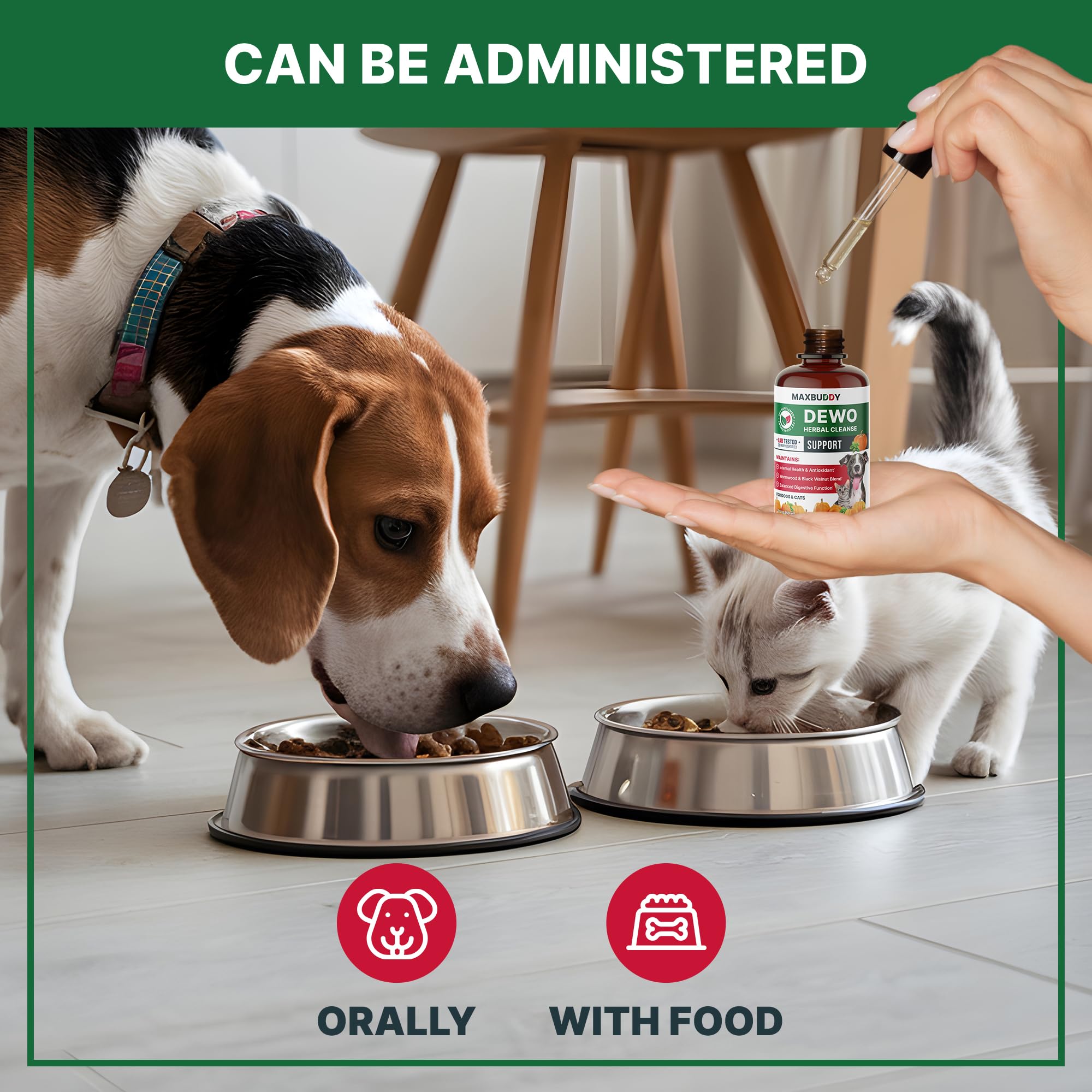 MaxBuddy Natural Intestinal Defense packaging open demonstrates ready-to-use pet wellness solution.