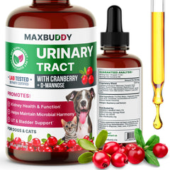 MaxBuddy Natural UTI Treatment bottle promotes urinary comfort for pets.