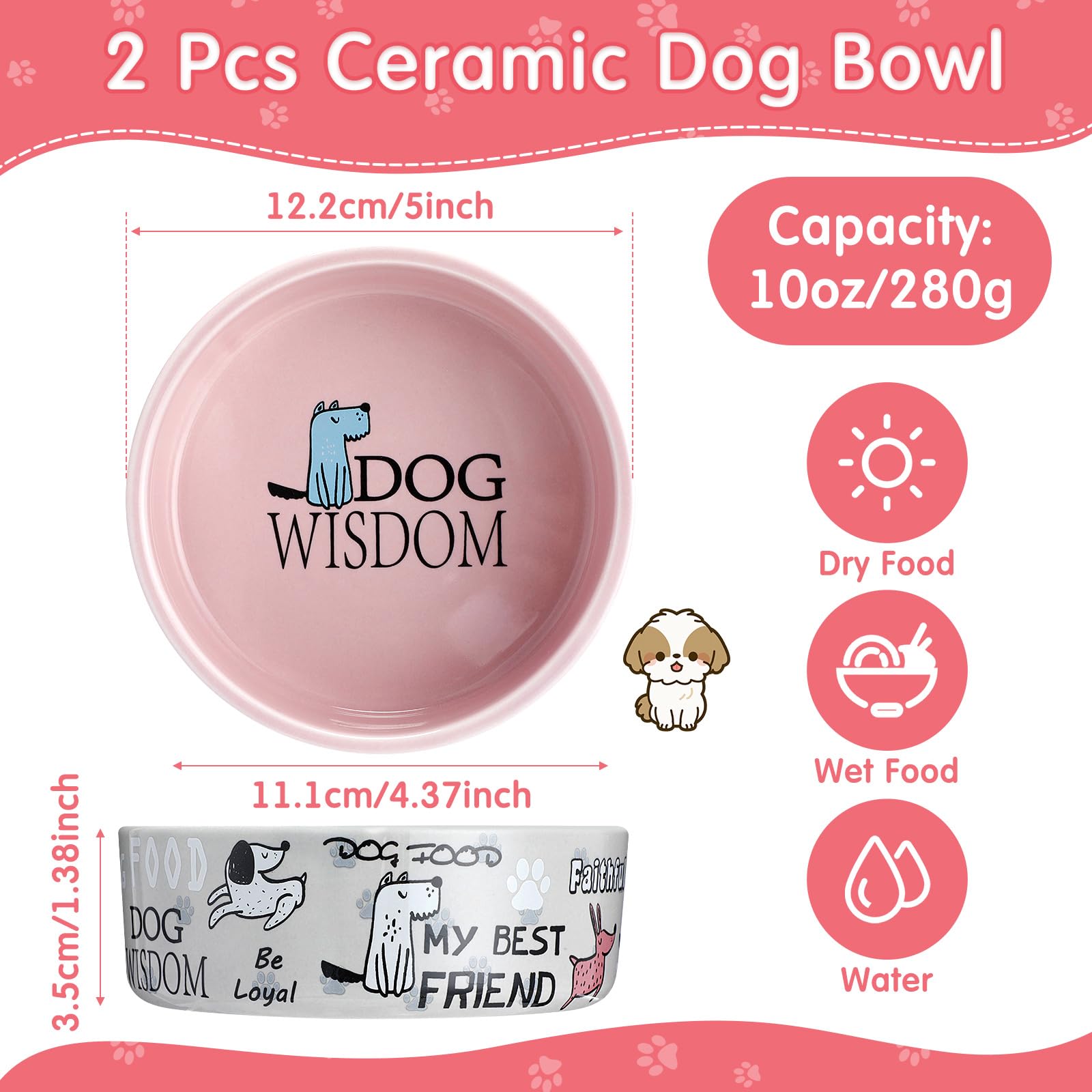 Maxcheck pink ceramic dog bowl close-up—smooth surface for easy cleaning and stable feeding.