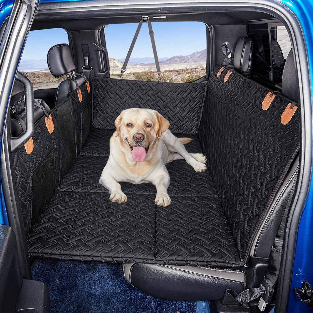 MAXFUT dog back seat extender installed in a pickup for safer, roomy travel.