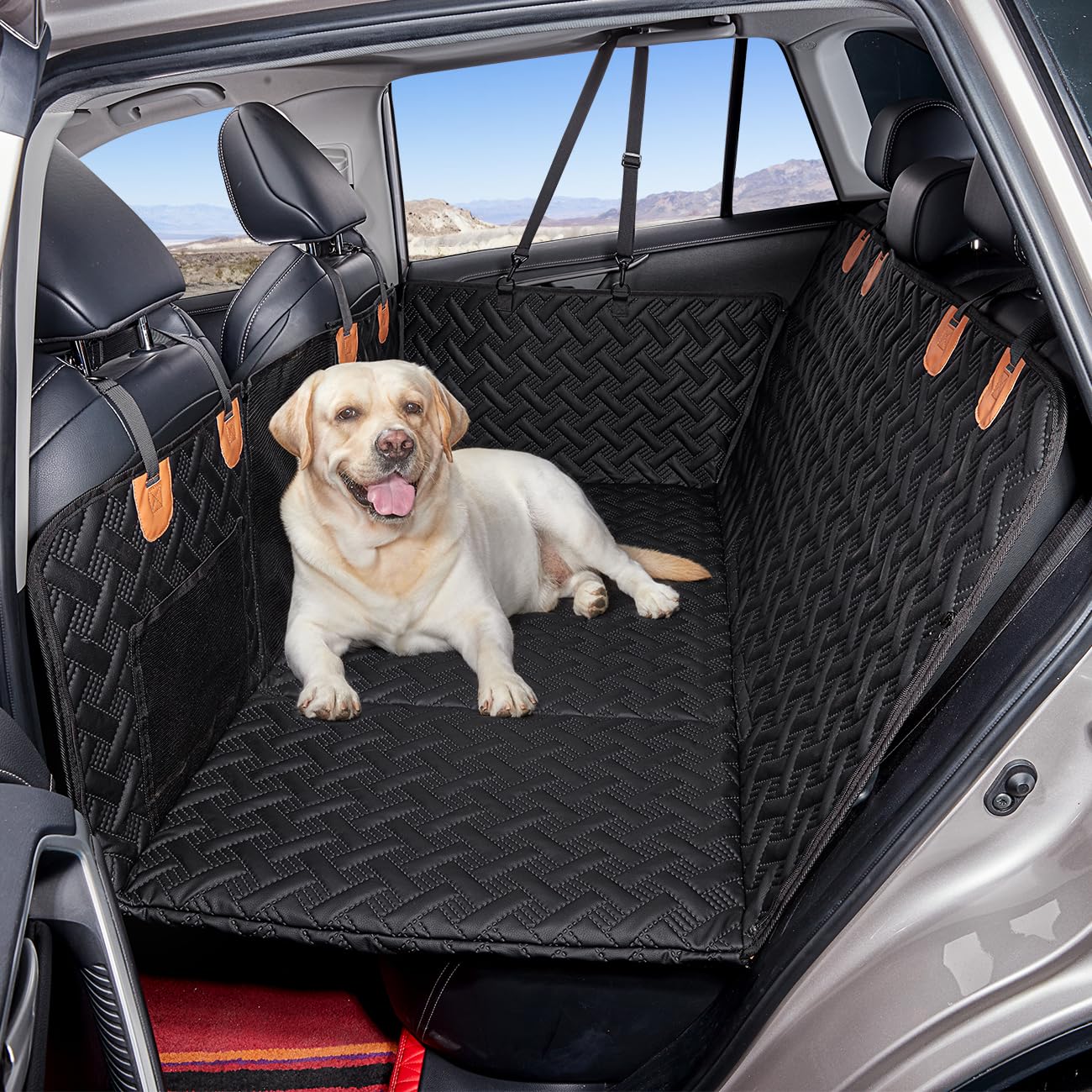 MAXFUT dog back seat extender installed creates a comfy travel bed for dogs.