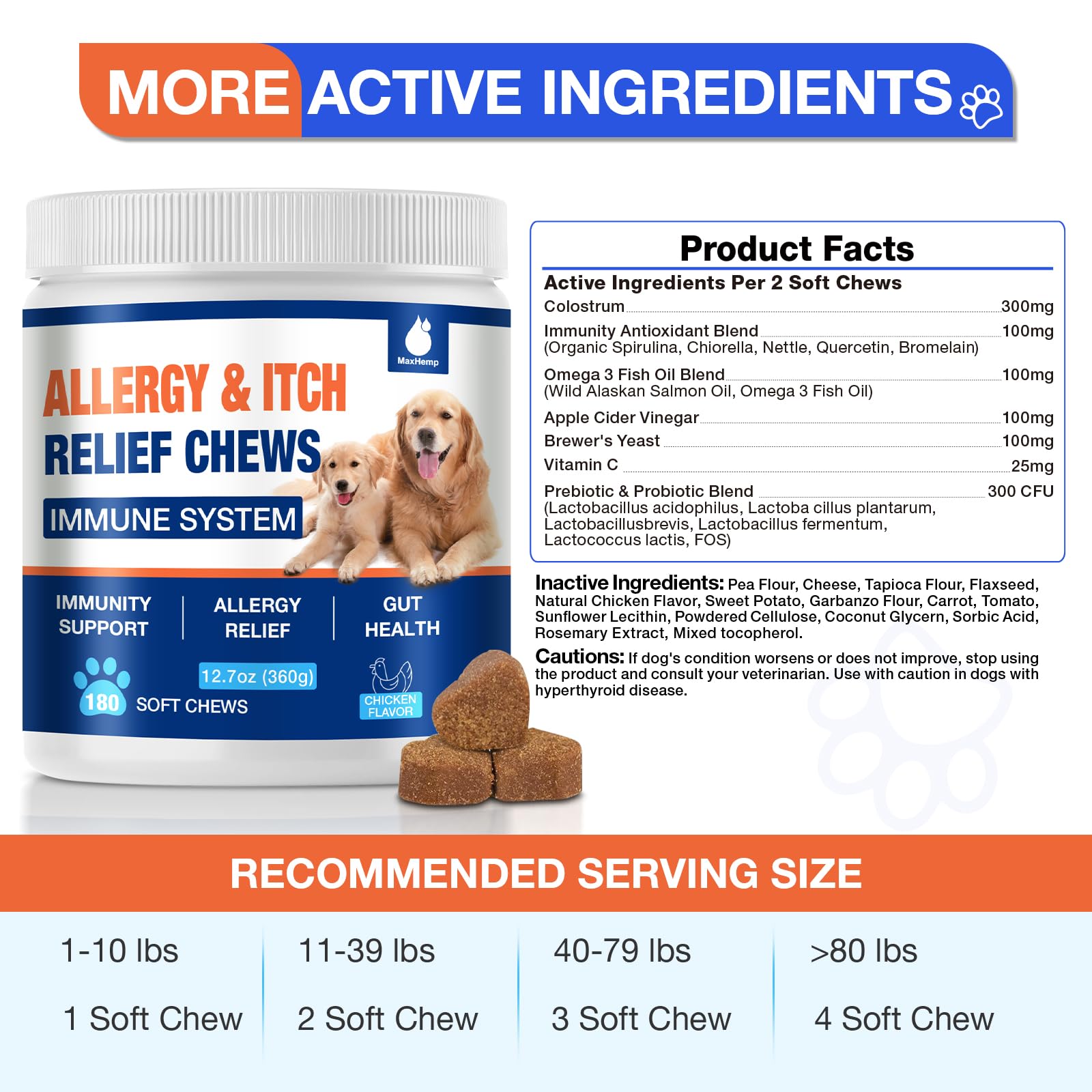 MaxHemp dog allergy chews with probiotic icons imply gut health support.