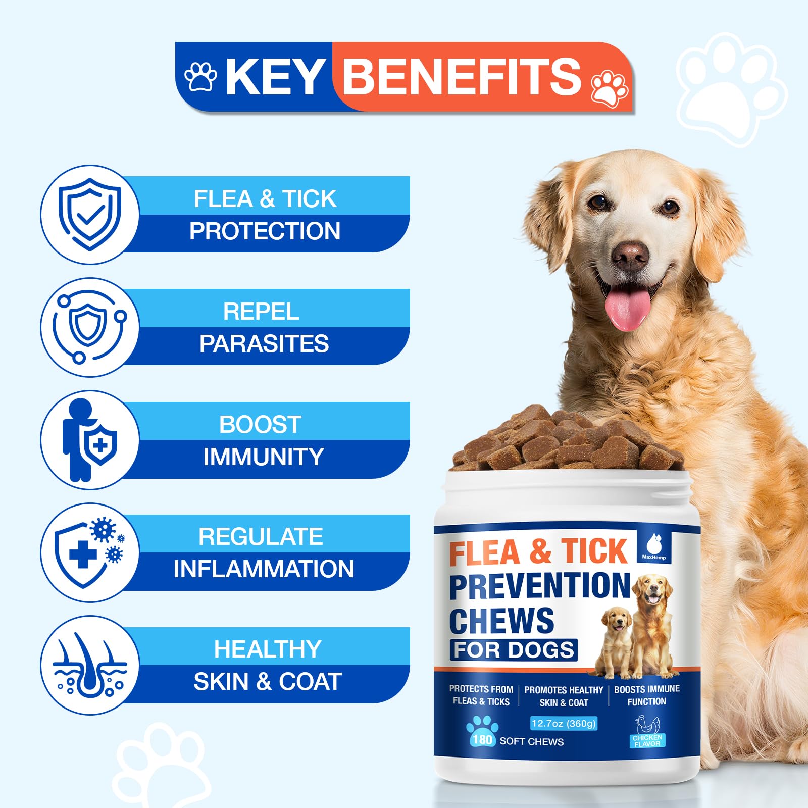 MaxHemp dog chews close-up texture — easy pest defense without oils.