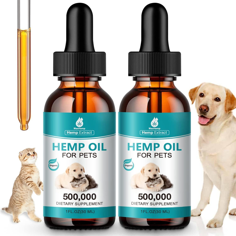 MaxHemp pet oil bottle closeup showing easy dosing for dogs and cats