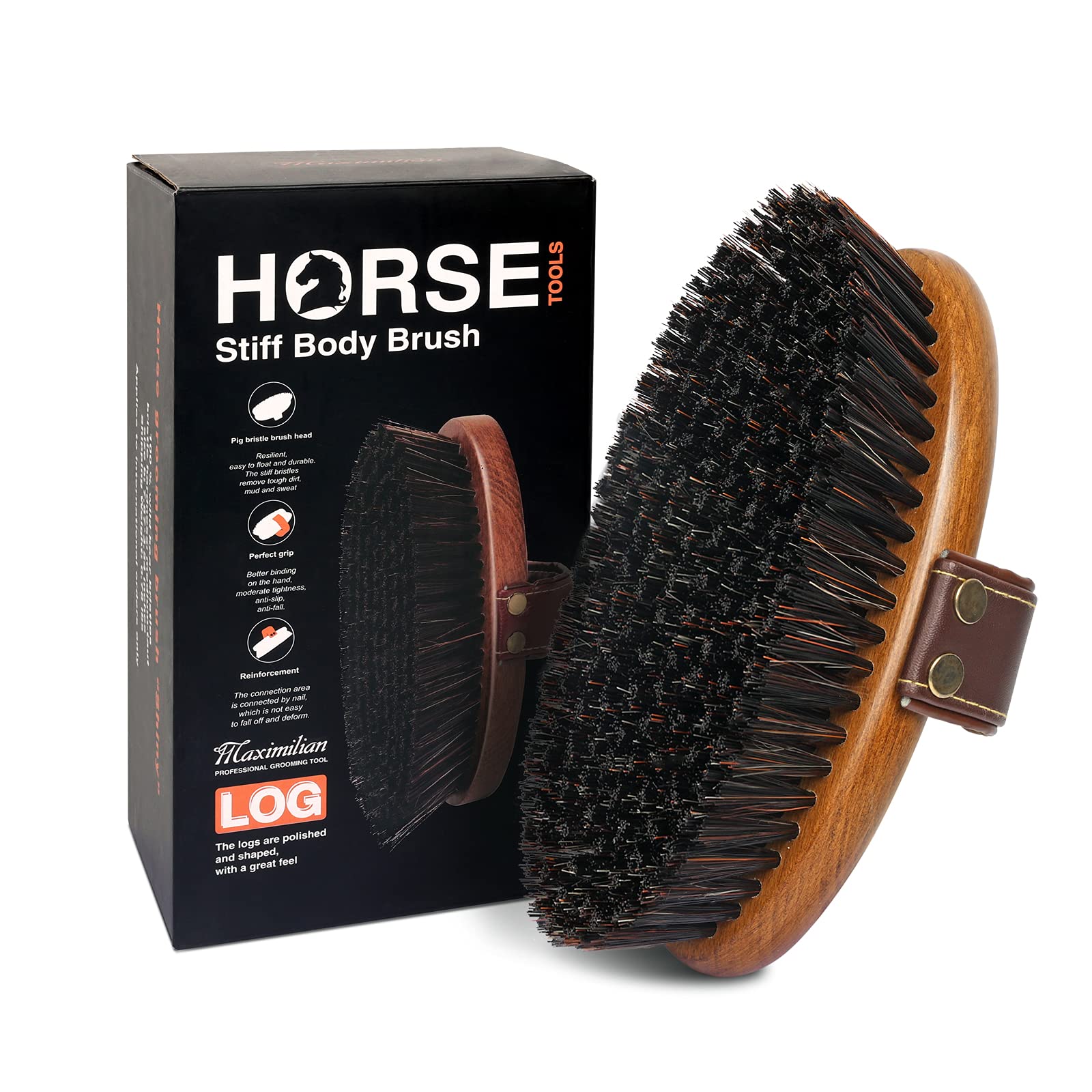 MAXIMILIAN World Class horse brush close-up showing craftsmanship and cleaning action.