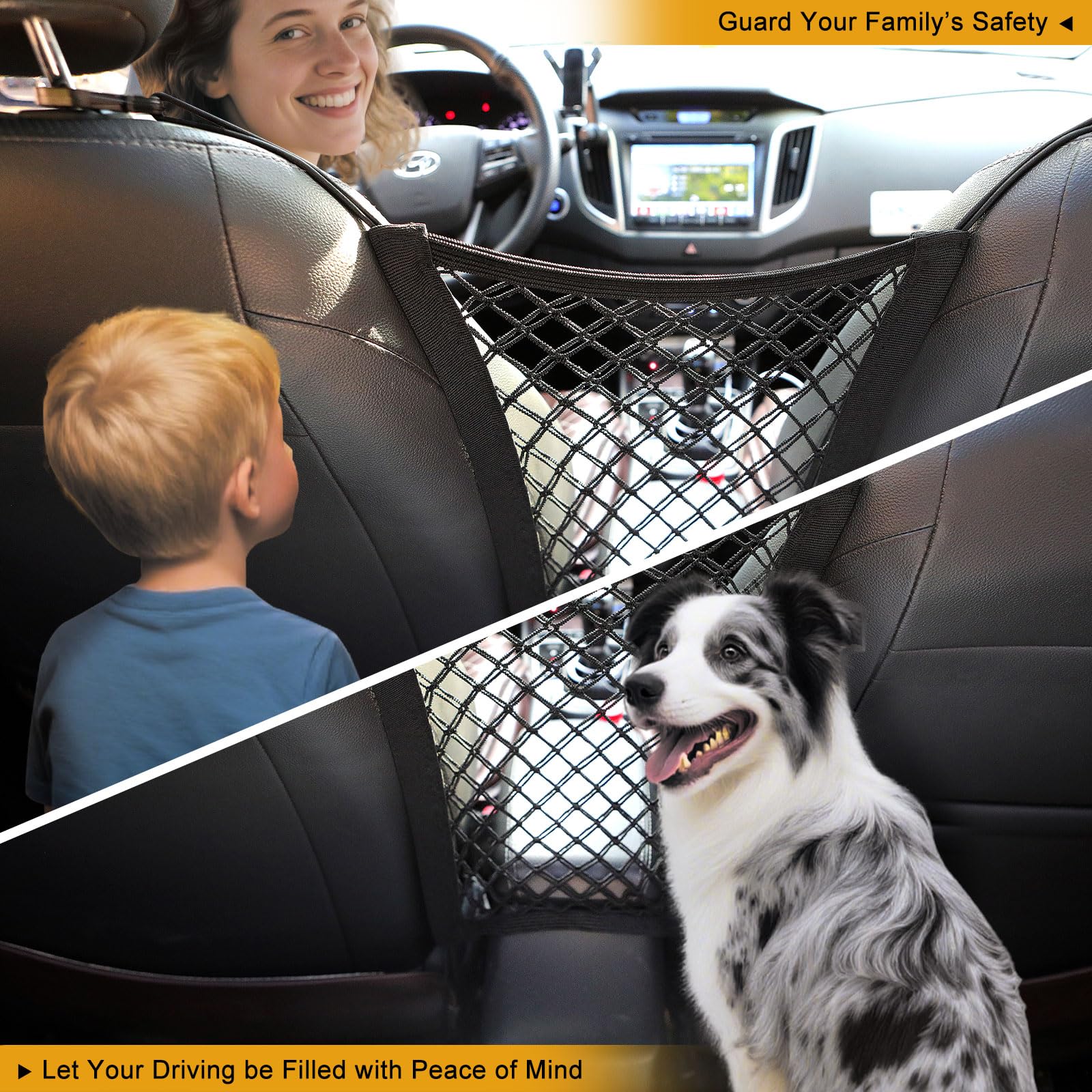 MAXIQI dog barrier rear view highlights cargo organizer pockets for clutter-free trips