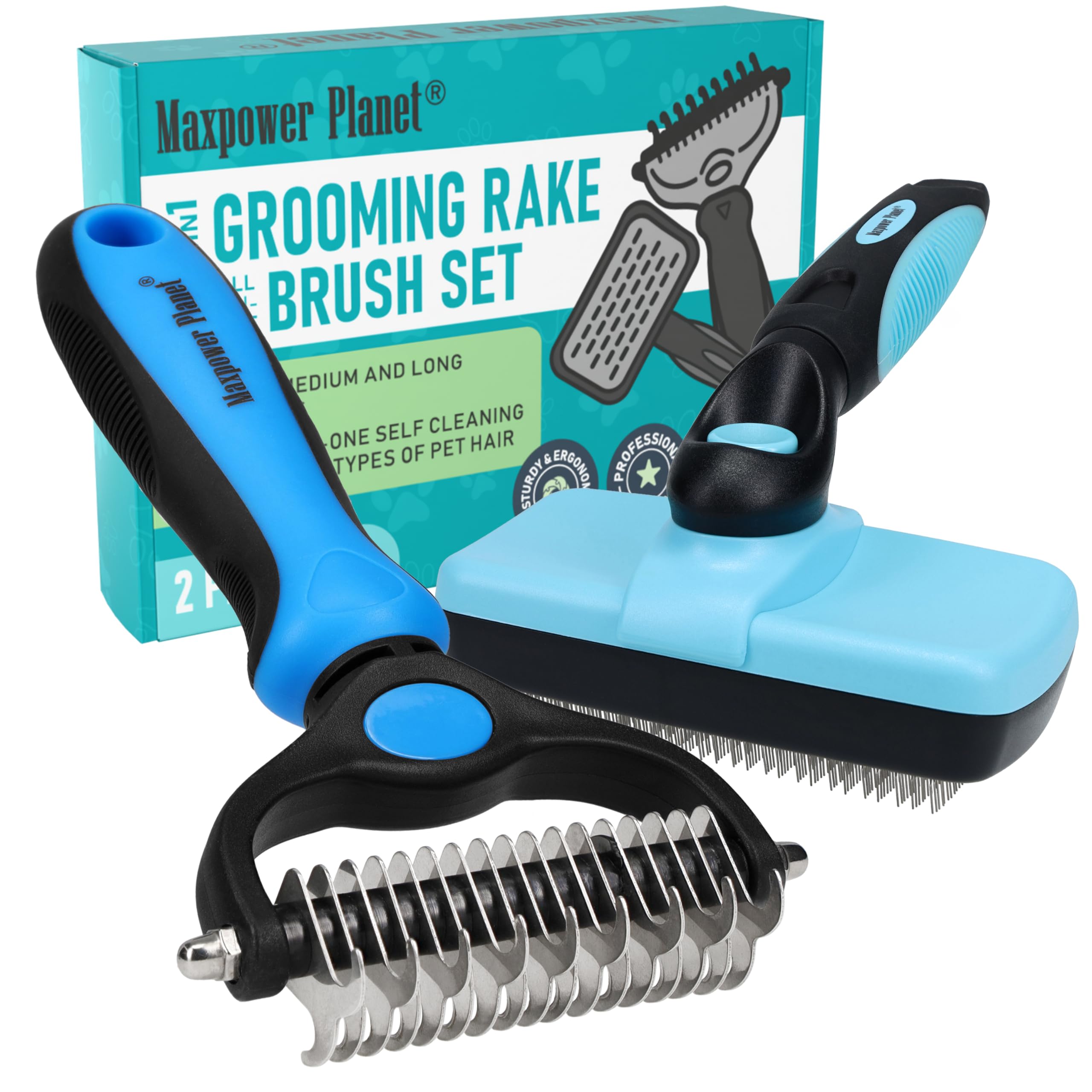 Maxpower Planet dog rake bristles closeup showing gentle undercoat removal for a calmer grooming session.
