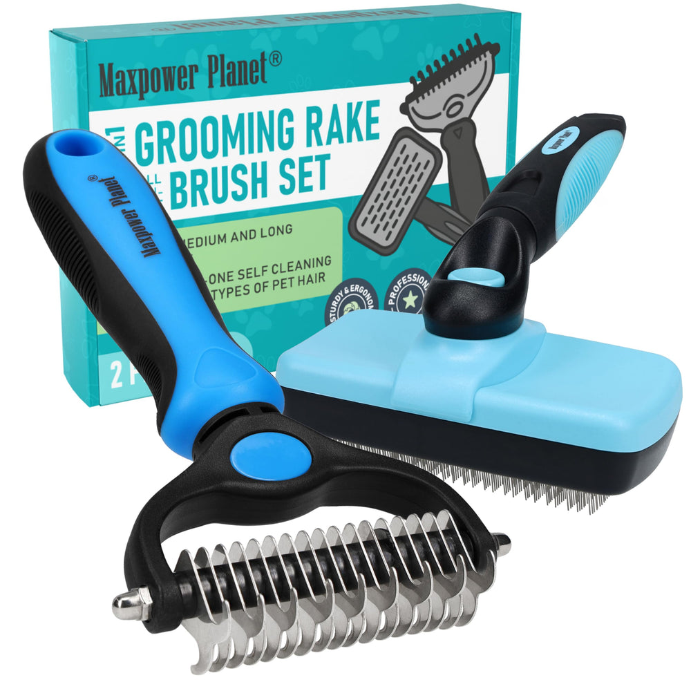 Maxpower Planet dog rake bristles closeup showing gentle undercoat removal for a calmer grooming session.