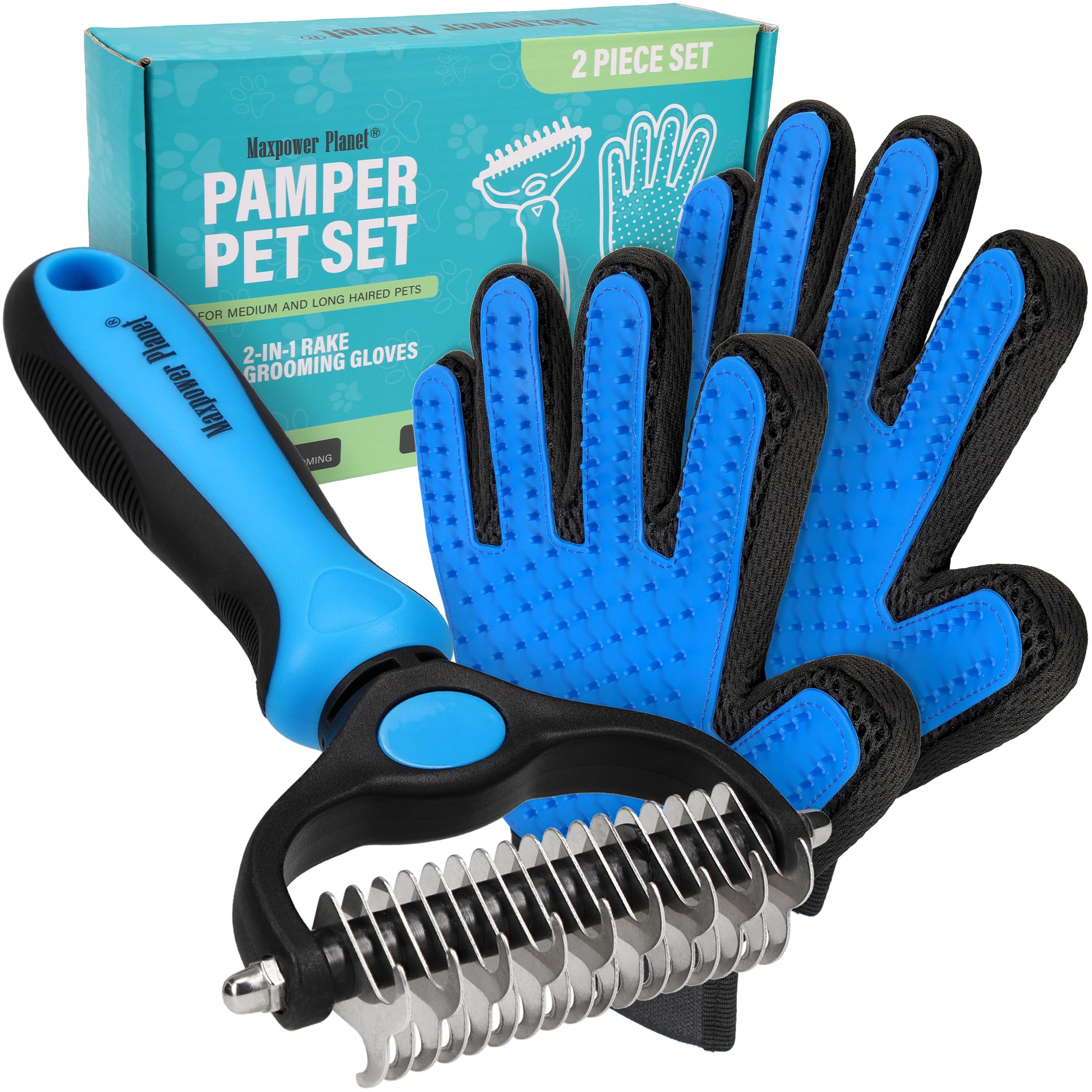 Maxpower Planet double-sided deshedding brush highlights dual teeth for detangling and shedding control.
